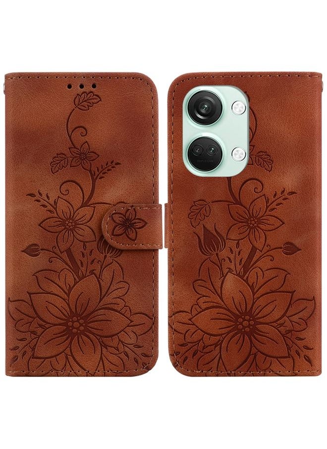 HuHa - Case Cover For For OnePlus Nord 3 Lily Embossed Leather Phone Case(Brown) - Image 1