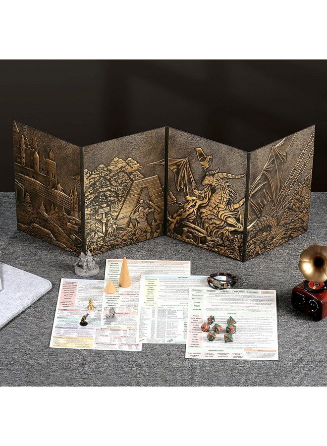 DNDND DND Dungeons Master Screen, DNDND Faux Leather 3D Embossed Four-Panel with Pockets for DND Dungeons and Dragon Tabletop Game (Brass) - Image 3