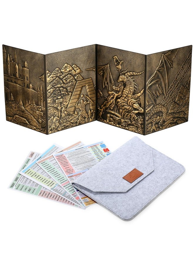 DNDND DND Dungeons Master Screen, DNDND Faux Leather 3D Embossed Four-Panel with Pockets for DND Dungeons and Dragon Tabletop Game (Brass) - Image 1