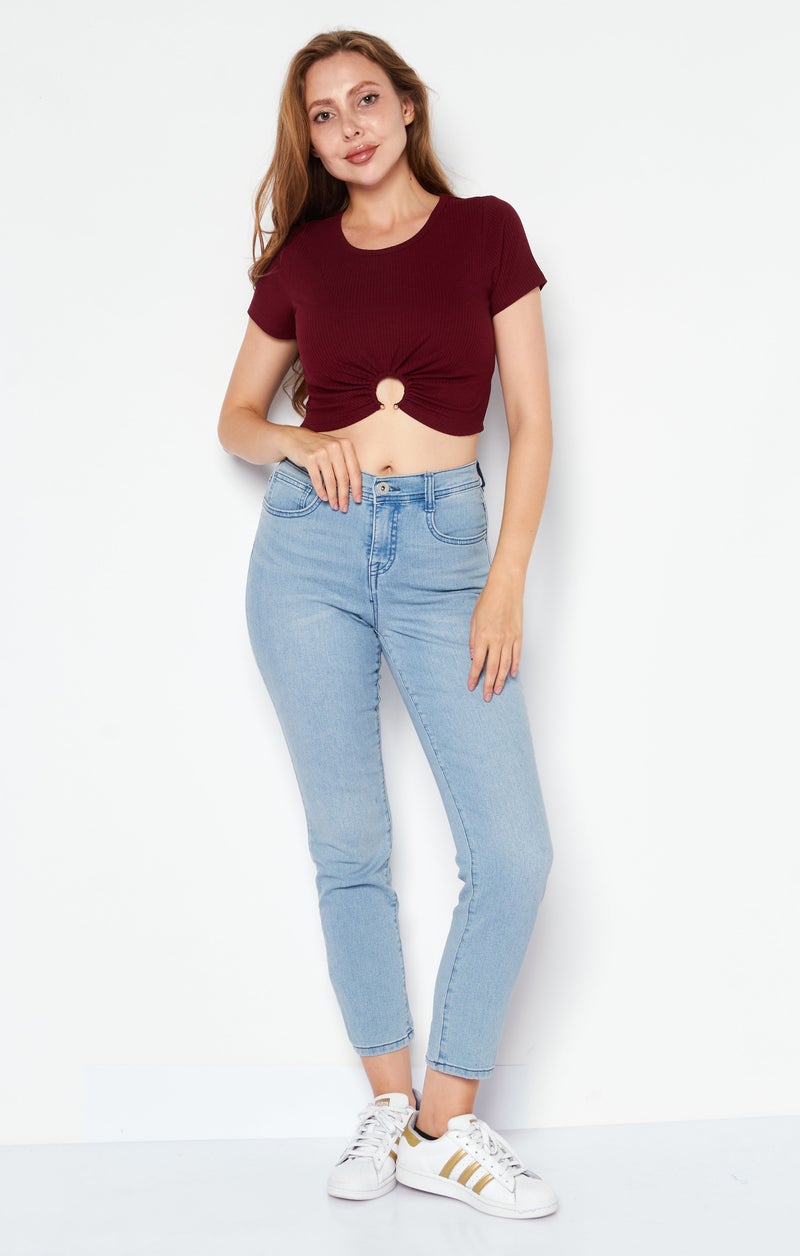 Endless Blu Women Round Neck Short Sleeves Ribbed Top, Maroon - Image 2