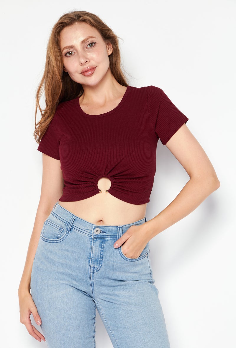 Endless Blu Women Round Neck Short Sleeves Ribbed Top, Maroon - Image 1