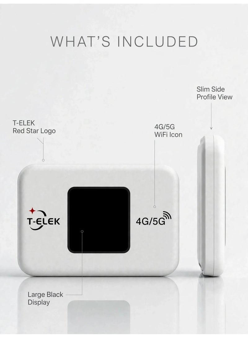 T-ELEK TM9 WiFi 6 5G LTE Wireless Modem WiFi Pro, 300Mbps Portable WiFi Router, 3000mAh Rechargeable Battery, LCD Display, Type-C Charging, 4G/5G Mobile Hotspot for Travel & Home white - Image 2