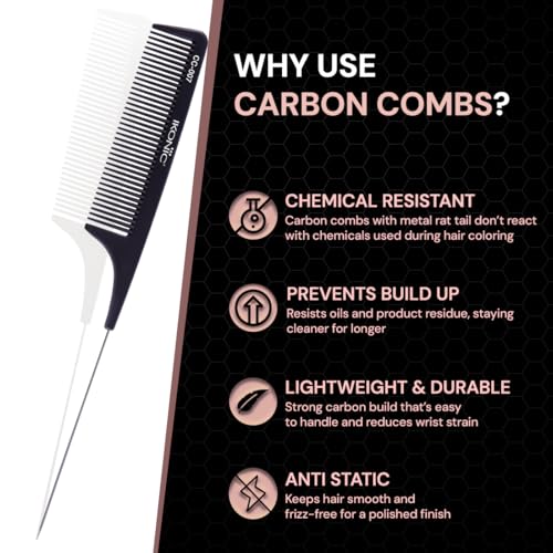IKONIC CARBON COMB - CC-007 BLACK with Ionic Coating for Static free Styling, comes with an extended tapered steel handle that doubles as a Hair Picker, narrow teeth is ideal for normal hair type - Image 2