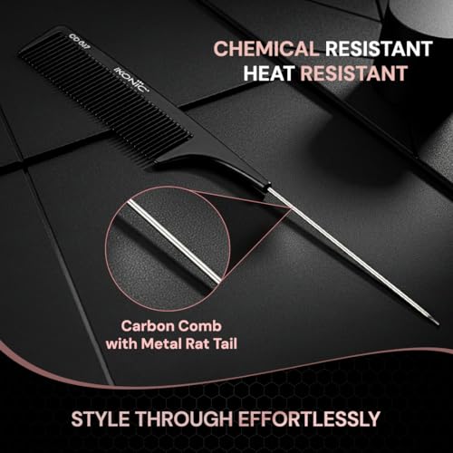 IKONIC CARBON COMB - CC-007 BLACK with Ionic Coating for Static free Styling, comes with an extended tapered steel handle that doubles as a Hair Picker, narrow teeth is ideal for normal hair type - Image 5