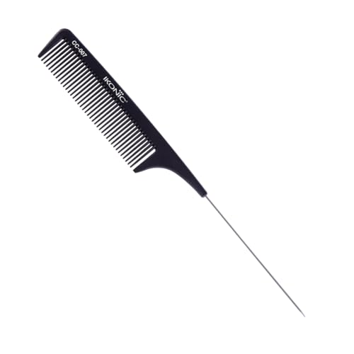IKONIC CARBON COMB - CC-007 BLACK with Ionic Coating for Static free Styling, comes with an extended tapered steel handle that doubles as a Hair Picker, narrow teeth is ideal for normal hair type - Image 1