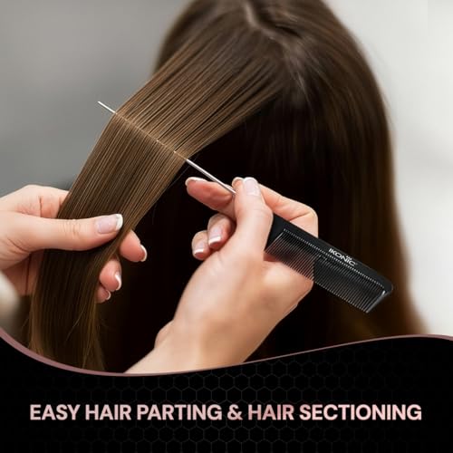IKONIC CARBON COMB - CC-007 BLACK with Ionic Coating for Static free Styling, comes with an extended tapered steel handle that doubles as a Hair Picker, narrow teeth is ideal for normal hair type - Image 3