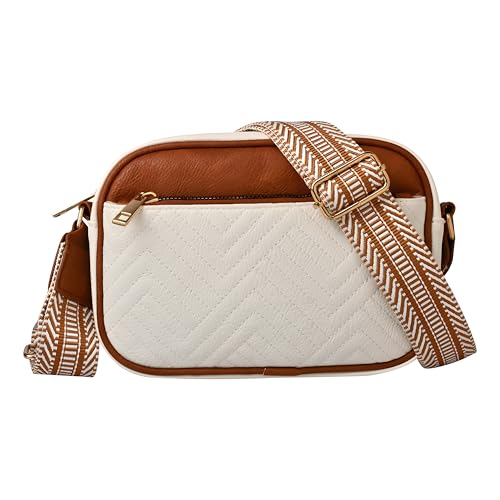 TS WITH TECHSUN Women's Crossbody Sling Bag, Ladies Stylish Purse, Faux Leather Waterproof Messenger Bag, Adjustable Shoulder Strap, Suitable For Travel, Shopping Etc. (White & Brown) - Image 1