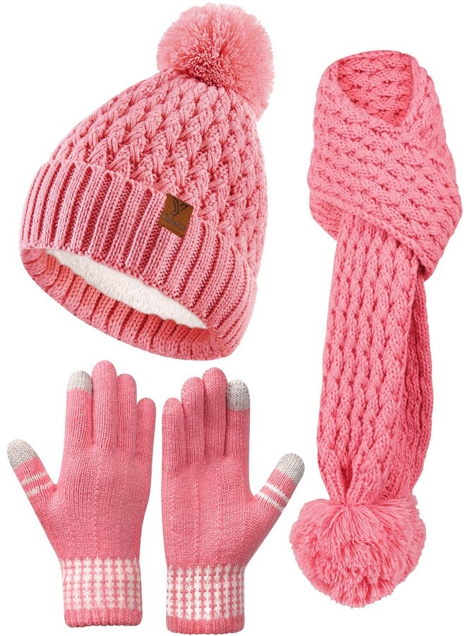Yafeite Kids Winter Hat Gloves Scarf Set, Knit Beanie with Pom, Pink, Toddler Size, 2-8 Years, Pink, Toddler - Image 1