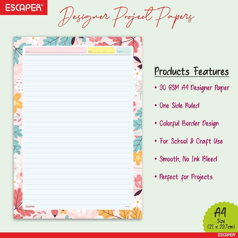 ESCAPER أوراق مصممة بحجم A4 – جانب واحد مسطر – ورق مشروع بوزن 90 جرام للمشاريع المدرسية، الأعمال الحرفية، مشاريع الفن واستخدام المكتب (نقوش زهرية، 50 ورقة) - Image 2