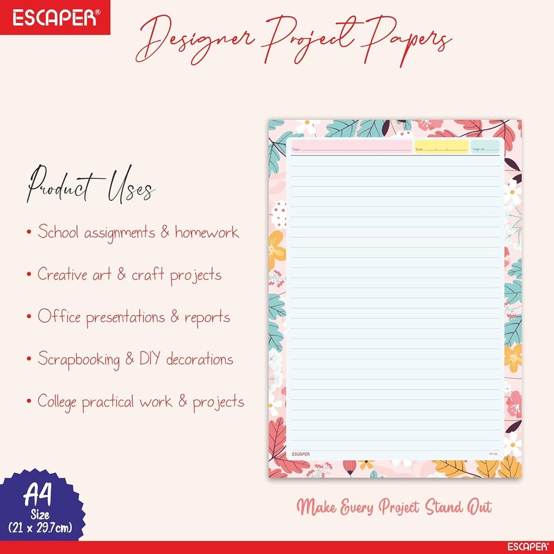 ESCAPER أوراق مصممة بحجم A4 – جانب واحد مسطر – ورق مشروع بوزن 90 جرام للمشاريع المدرسية، الأعمال الحرفية، مشاريع الفن واستخدام المكتب (نقوش زهرية، 50 ورقة) - Image 3