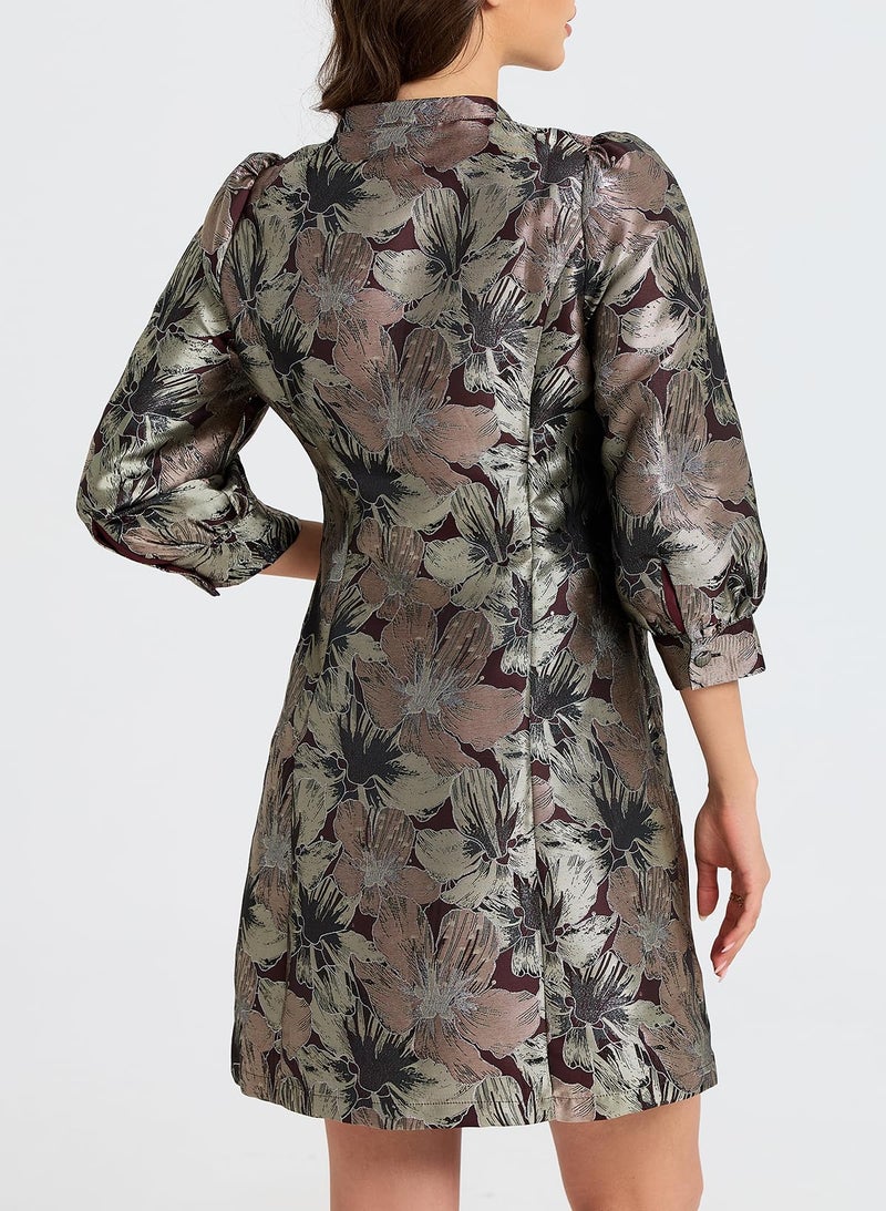 Ladyful Women's Floral Jacquard Shift Dress 2026 Long Puff Sleeve Button Up Elegant Cocktail Party Mini Dress Brown - Image 3