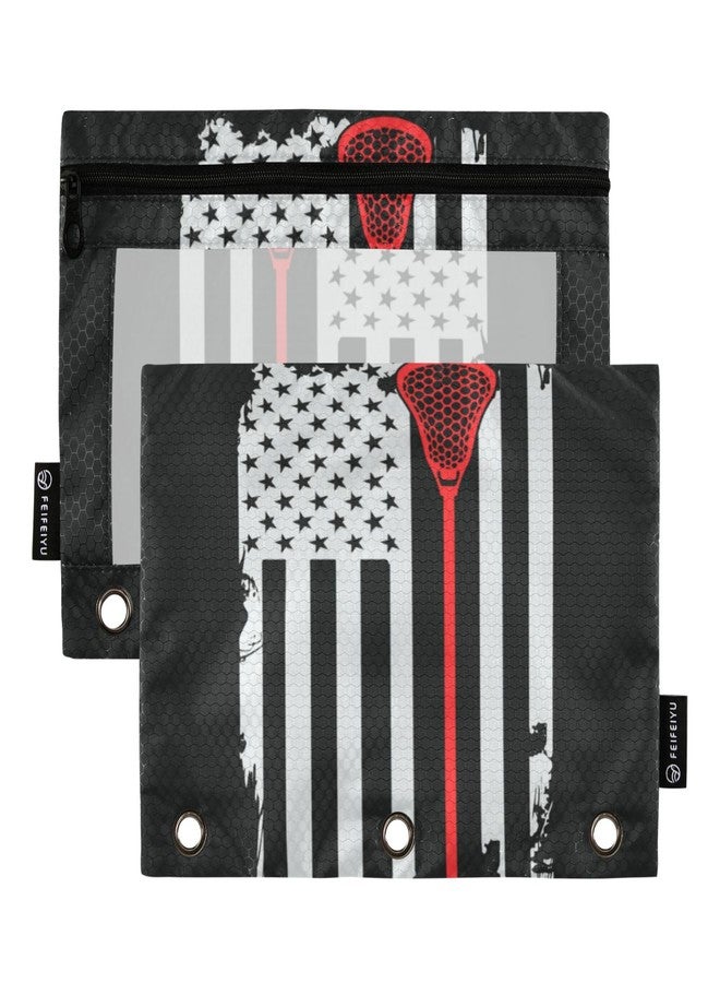 Glaphy Lacrosse American Flag Funny Pencil Pouch for 3 Ring Binder, 2 Pack Pencil Case Clear Window Zipper Pencil Pouch Cosmetic Bag for Office Supplies - Image 1