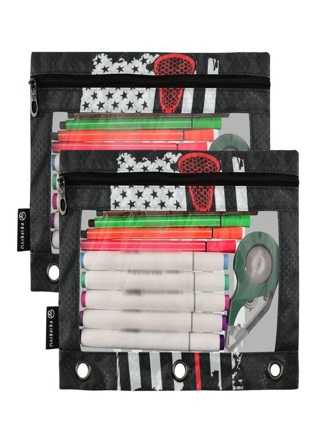 Glaphy Lacrosse American Flag Funny Pencil Pouch for 3 Ring Binder, 2 Pack Pencil Case Clear Window Zipper Pencil Pouch Cosmetic Bag for Office Supplies - Image 2