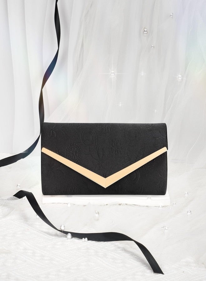 Larcenciel Clutch Purses for Women, Formal Satin Envelope Evening Bags w/Chain, Black Elegant Ladies Shoulder Handbags for Wedding, Night Out, Cocktail, Prom, Party, Date, Black-Tie Events,10x4.3x2in - Image 3