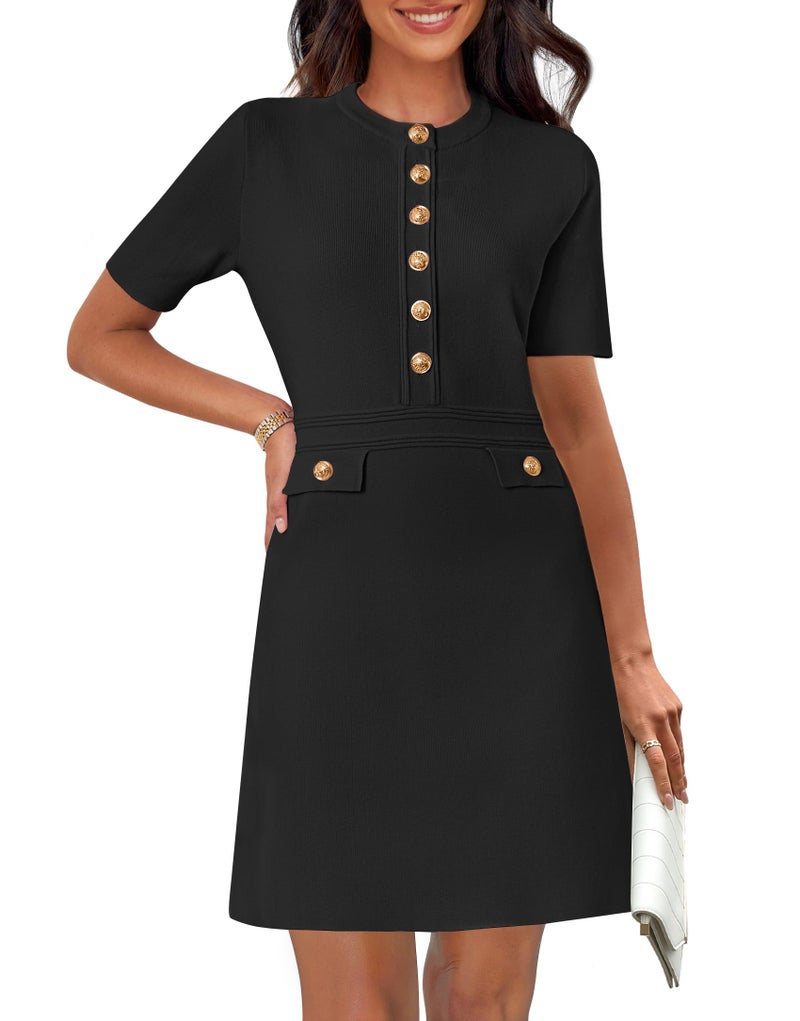 MEROKEETY Women's Knit Bodycon Sweater Dress Button Short Sleeve Crew Neck Elegant Formal Mini Dress, Black, Large - Image 1