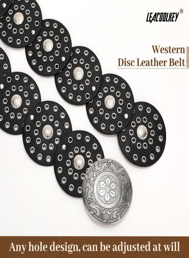 LEACOOLKEY Women's Boho Disc Belt Wide Western Leather Belt Vintage Concho Waist Belt for Dress Jeans - Image 3