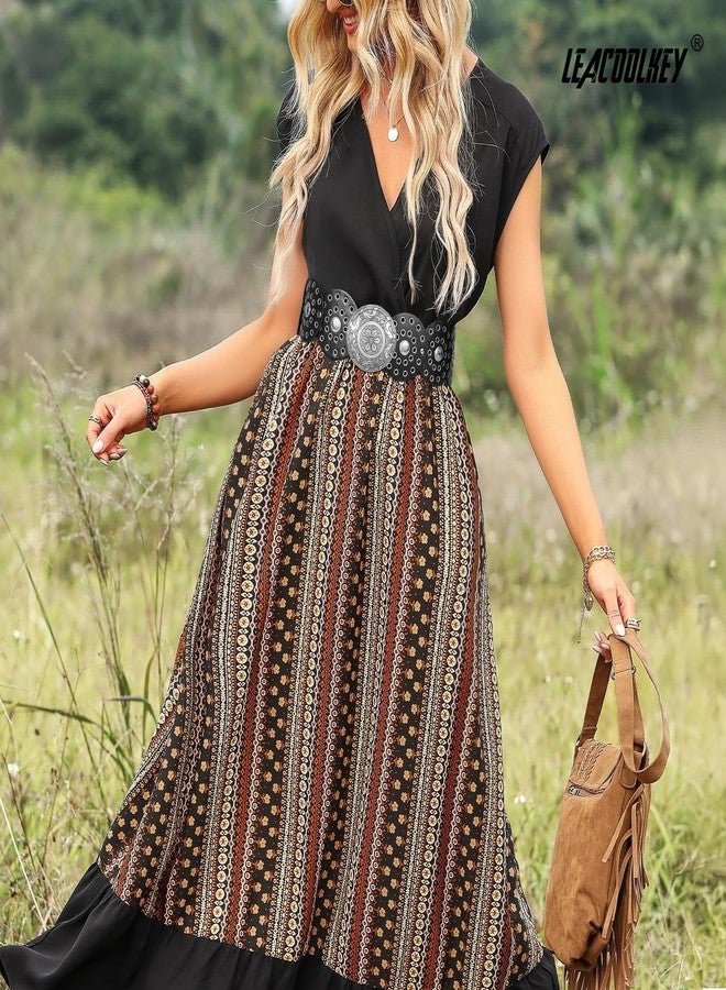 LEACOOLKEY Women's Boho Disc Belt Wide Western Leather Belt Vintage Concho Waist Belt for Dress Jeans - Image 5