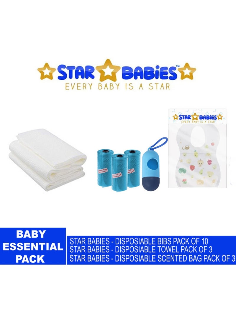 STAR BABiES Baby Essentials Pack Of 3 Scented Bag 3Pcs Bibs 10Pcs Towel 3Pcs Blue  - Image 1