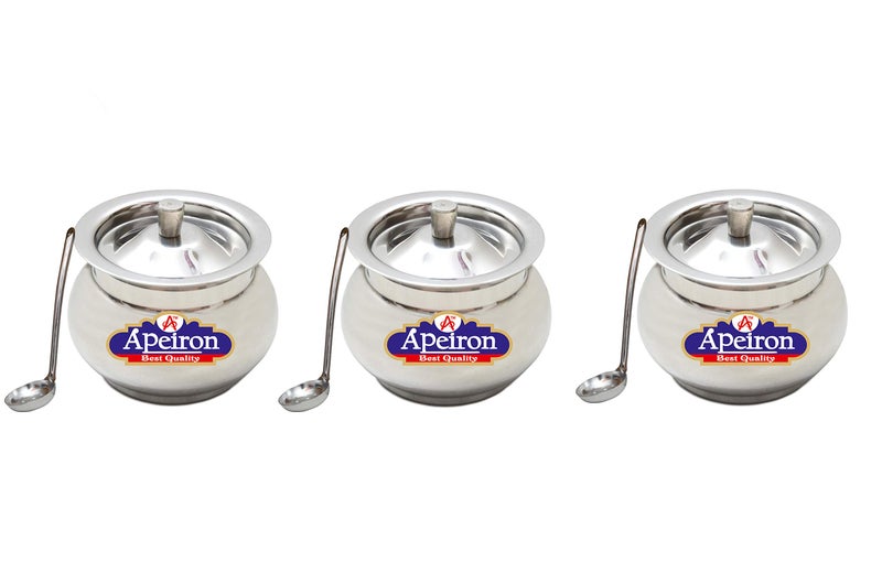 Apeiron Stainless Steel Ghee/Oil Pot with Spoon and Lid - 300 ml (Pack of 3, Kalash Shape) - Image 1