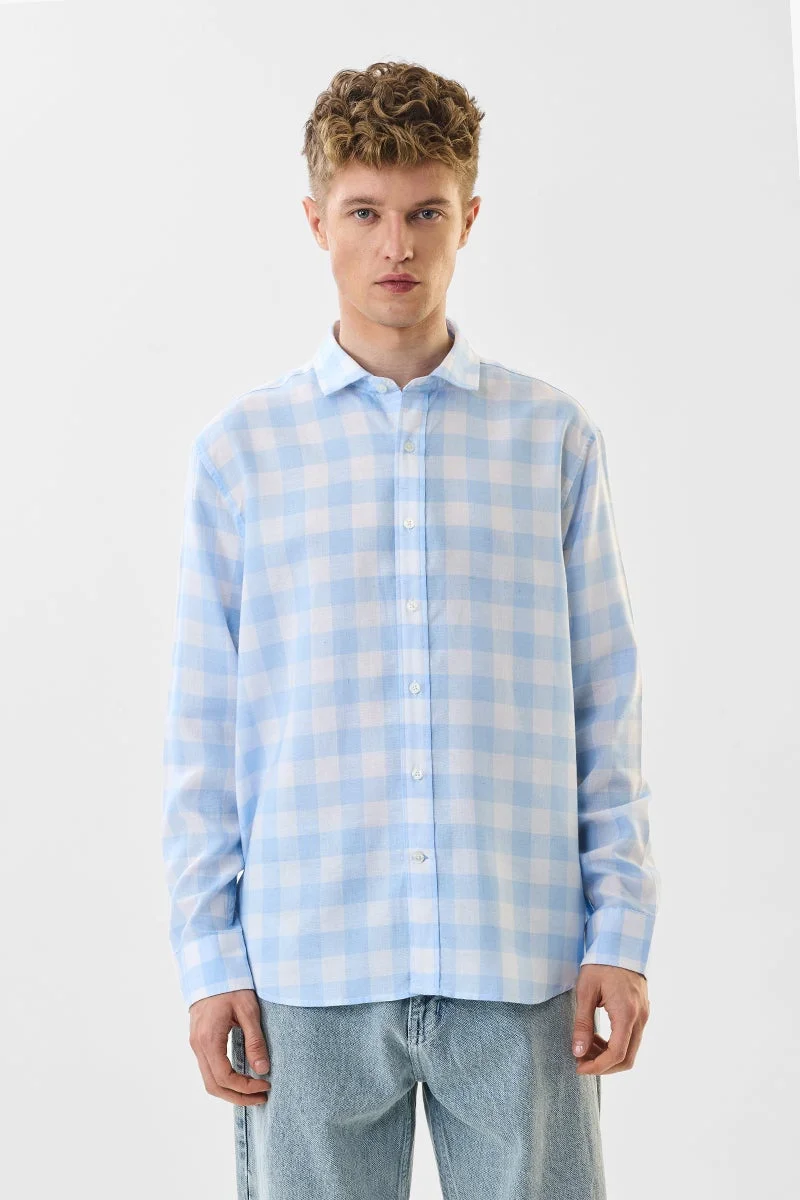 سنيتش Pastel Blue Checkered Long Sleeve Regular Fit Shirt
