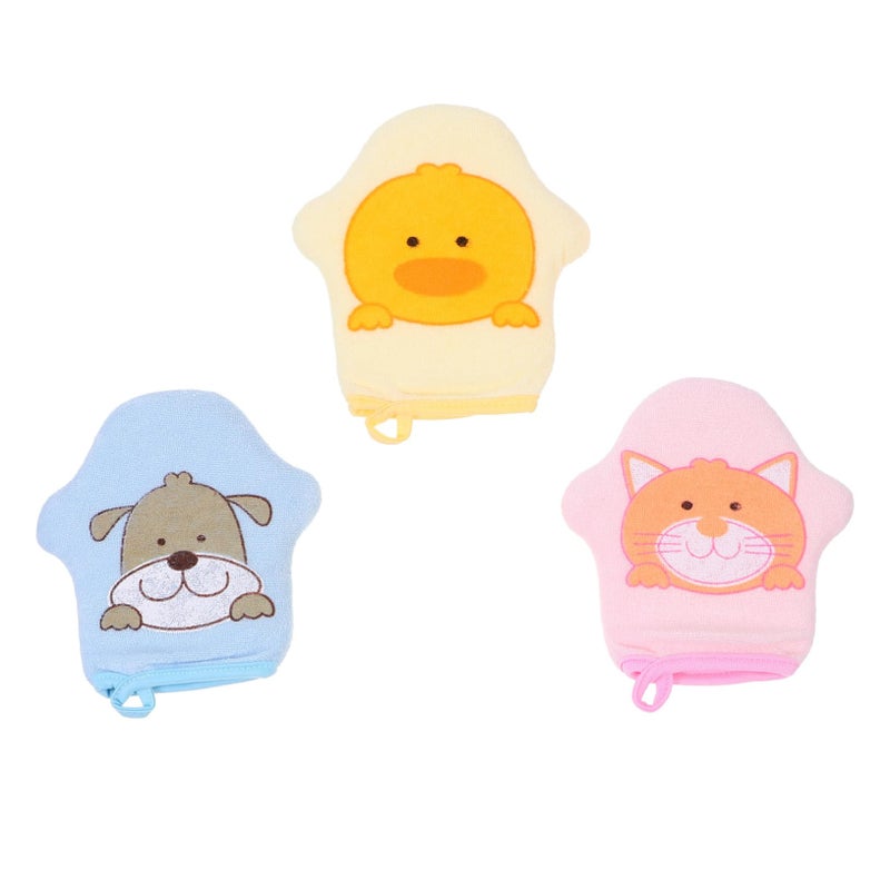 Cartoon Bath Gloves For Kids 3 Pack Yellow Blue Pink Gentle Exfoliation Mitts - Image 2