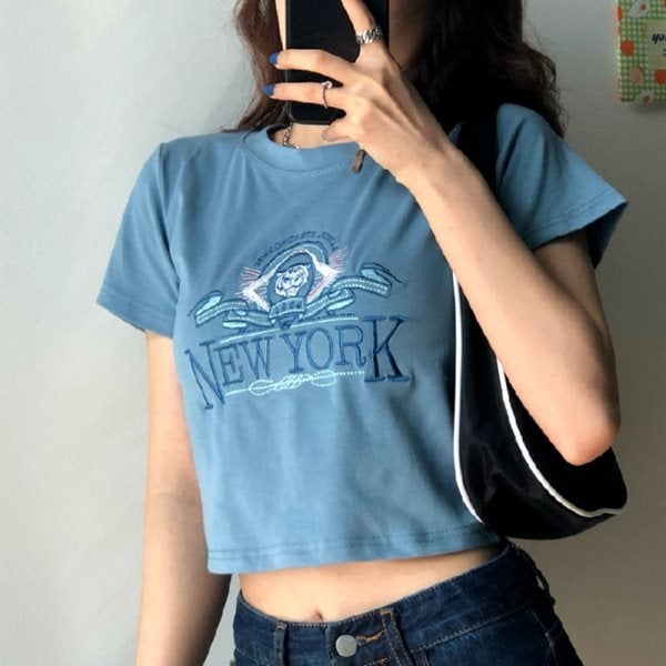 Short Sleeve T-shirt Women Summer Elegant Style Short Embroidered Student Slim Top Blue Polyester Fabric Comfortable Style Blue 