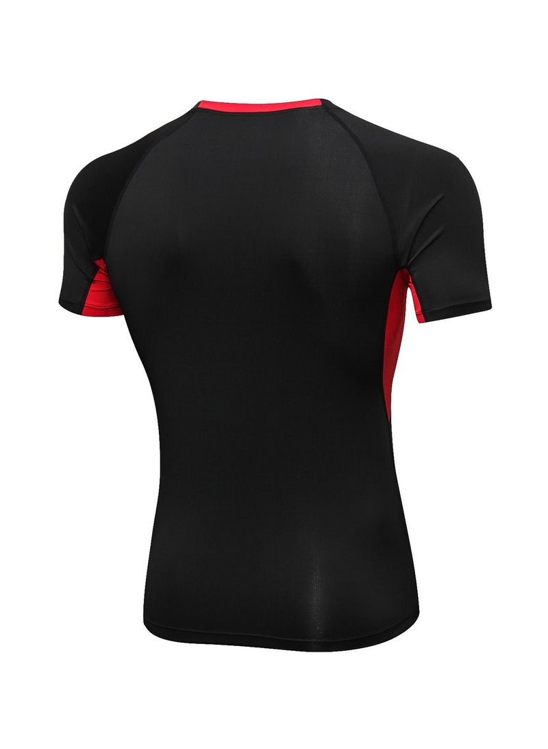 NIBEMINENT Men Quick Dry Breathable Elastic T-Shirt Black/Red - Image 2