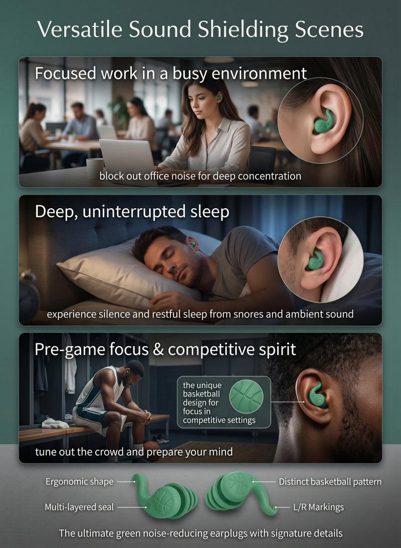 Ssovi 3 Pairs Noise Reducing Earplugs for Sleeping, Reusable Silicone Sound Blocking Ear Plugs for Snoring & Travel, Painless Side-Sleeper Fit (Green) - Image 2