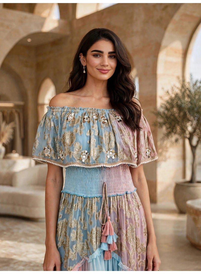IKKXA Elegant Metallic Jacquard Off-Shoulder Maxi Dress with Tassels - Image 2