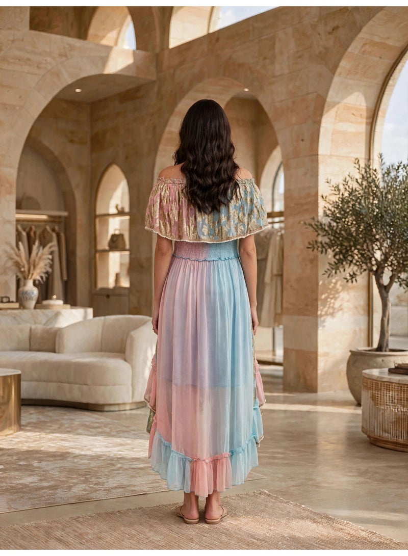 IKKXA Elegant Metallic Jacquard Off-Shoulder Maxi Dress with Tassels - Image 4