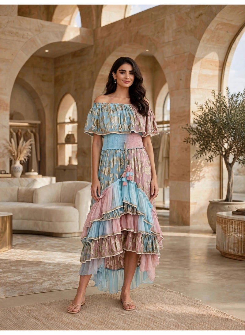 IKKXA Elegant Metallic Jacquard Off-Shoulder Maxi Dress with Tassels - Image 1