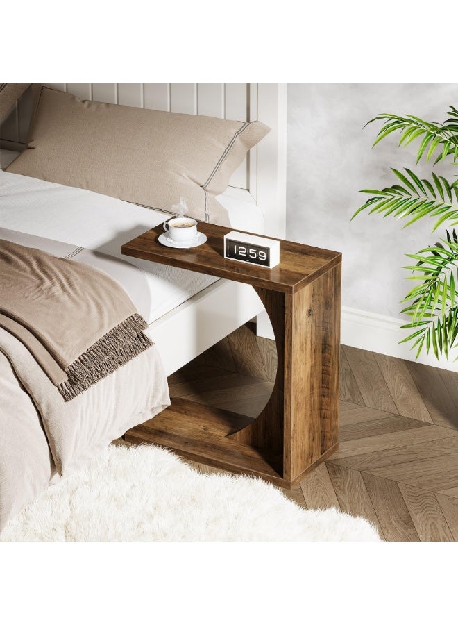 LITTLE TREE C-Shaped End Table for Couch, Small Bedside Table for Sofa, Wooden Nightstand for Living Room Bedroom Laptop Work Desk (1, Rustic Brown) - Image 3