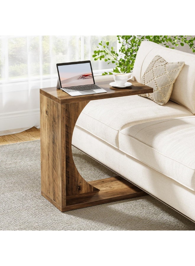 LITTLE TREE C-Shaped End Table for Couch, Small Bedside Table for Sofa, Wooden Nightstand for Living Room Bedroom Laptop Work Desk (1, Rustic Brown) - Image 1