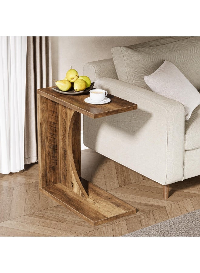 LITTLE TREE C-Shaped End Table for Couch, Small Bedside Table for Sofa, Wooden Nightstand for Living Room Bedroom Laptop Work Desk (1, Rustic Brown) - Image 5