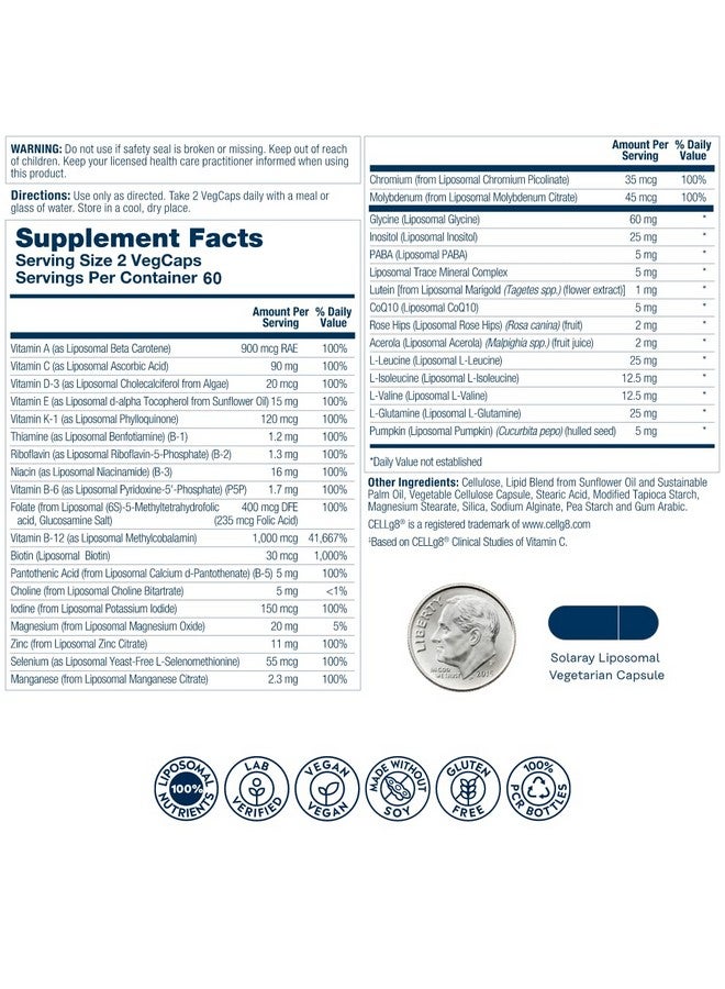 SOLARAY Liposomal Multivitamin for Men, Enhanced Absorption Immune, Energy & Bone Support Supplement, Mens Daily Multi Vitamin, BCAAs, Vitamin D3, C, B12, Zinc, Vegan, Soy Free, 60 Serv, 120 VegCaps - Image 2
