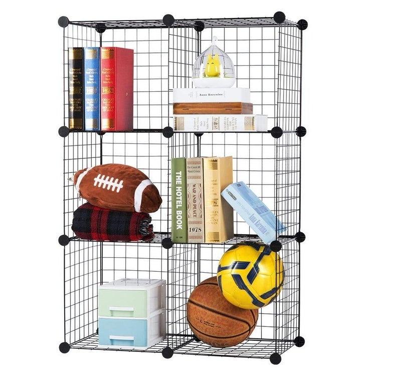 SEVVY SEVVY Multi Use DIY Metallic Wire Storage Organiser Book Shelf Kitchen Organiser Iron Mesh Powder Coated 6 Cubes Black Tiered Shelf  - Image 1