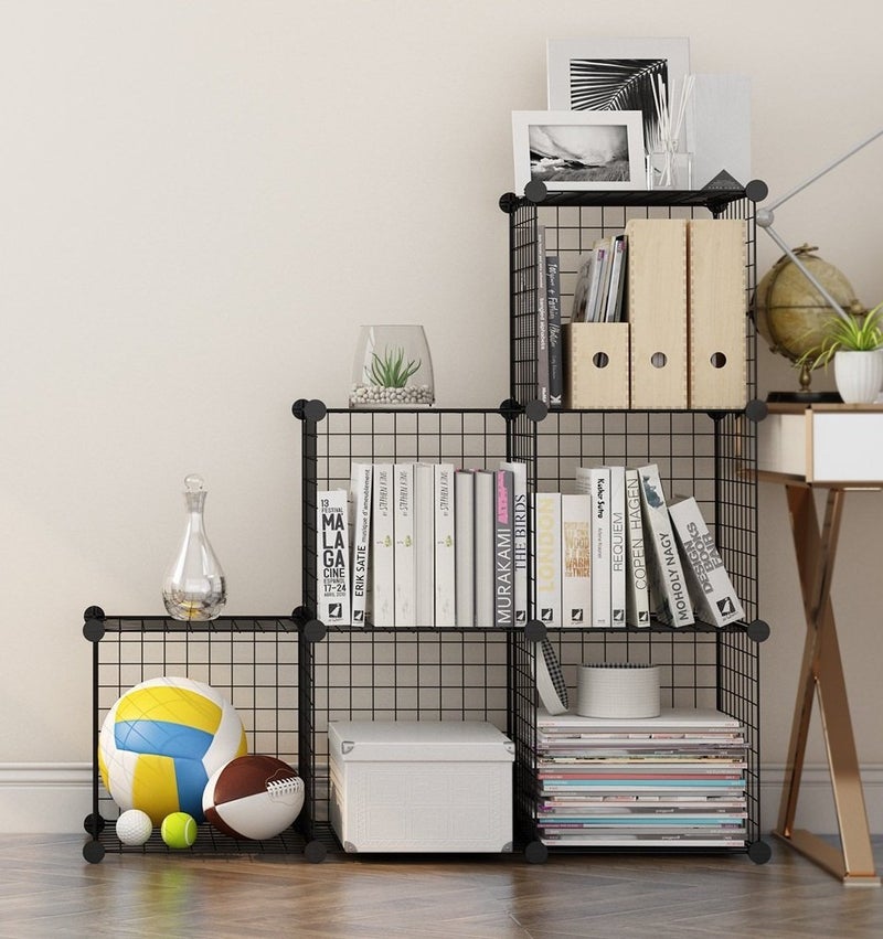 SEVVY SEVVY Multi Use DIY Metallic Wire Storage Organiser Book Shelf Kitchen Organiser Iron Mesh Powder Coated 6 Cubes Black Tiered Shelf  - Image 2