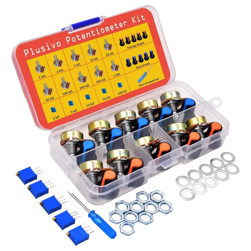 Plusivo Store طقم مقاومات متغيرة 46 قطعة B1K–B1M أوم مقاومة دوارة خطية مع مقابض WH148، مقاومة قابلة للتعديل متعددة الدورات 3296 (1K-100K)، مفك صغير، غسالات وصواميل، طقم مقاومات متغيرة من - Image 5
