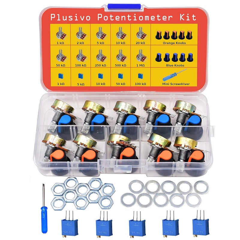 Plusivo Store طقم مقاومات متغيرة 46 قطعة B1K–B1M أوم مقاومة دوارة خطية مع مقابض WH148، مقاومة قابلة للتعديل متعددة الدورات 3296 (1K-100K)، مفك صغير، غسالات وصواميل، طقم مقاومات متغيرة من - Image 1