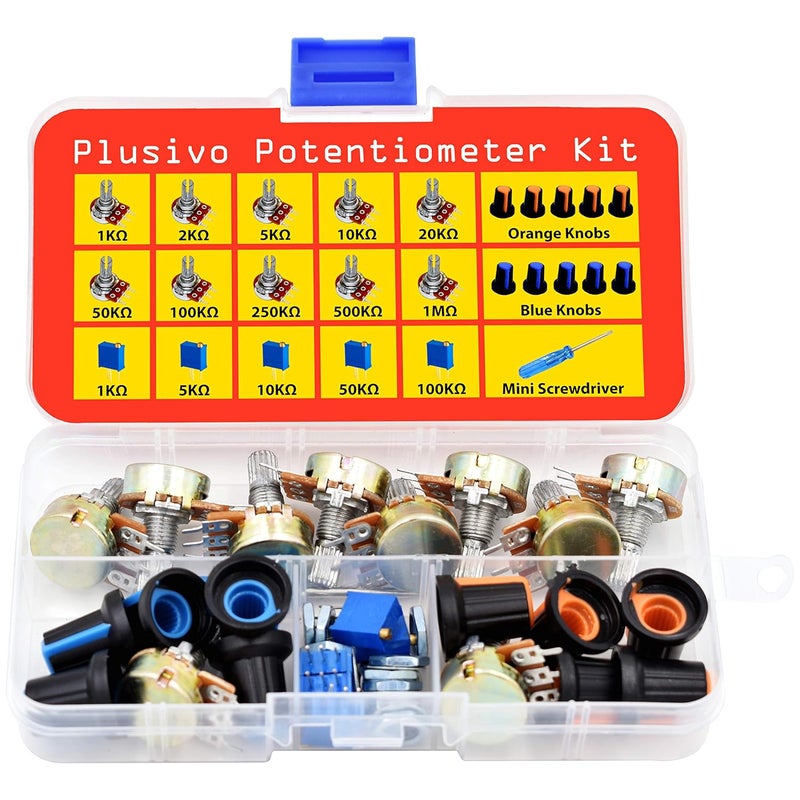 Plusivo Store طقم مقاومات متغيرة 46 قطعة B1K–B1M أوم مقاومة دوارة خطية مع مقابض WH148، مقاومة قابلة للتعديل متعددة الدورات 3296 (1K-100K)، مفك صغير، غسالات وصواميل، طقم مقاومات متغيرة من - Image 3