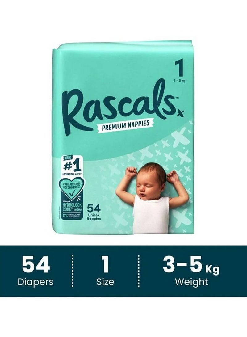 Rascals Tape Style Premium Diaper Nappies, With Fastest Absorption By Hydrolock Core With Triple Leak Guard And Wetness Indicator, Size 1, Newborn - 54 Pieces