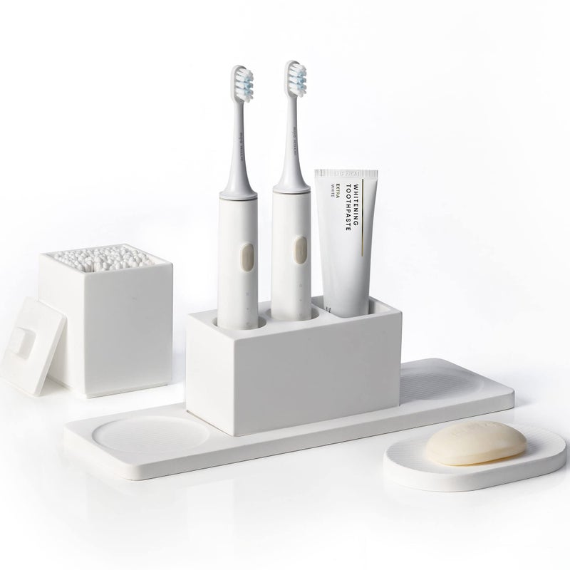AUSAULAC Ceramic Toothbrush Holders for Bathrooms White Bathroom Accessories Diatomite Electric Toothbrush Holder Countertop with Toothbrush Holders Soap Dish Set