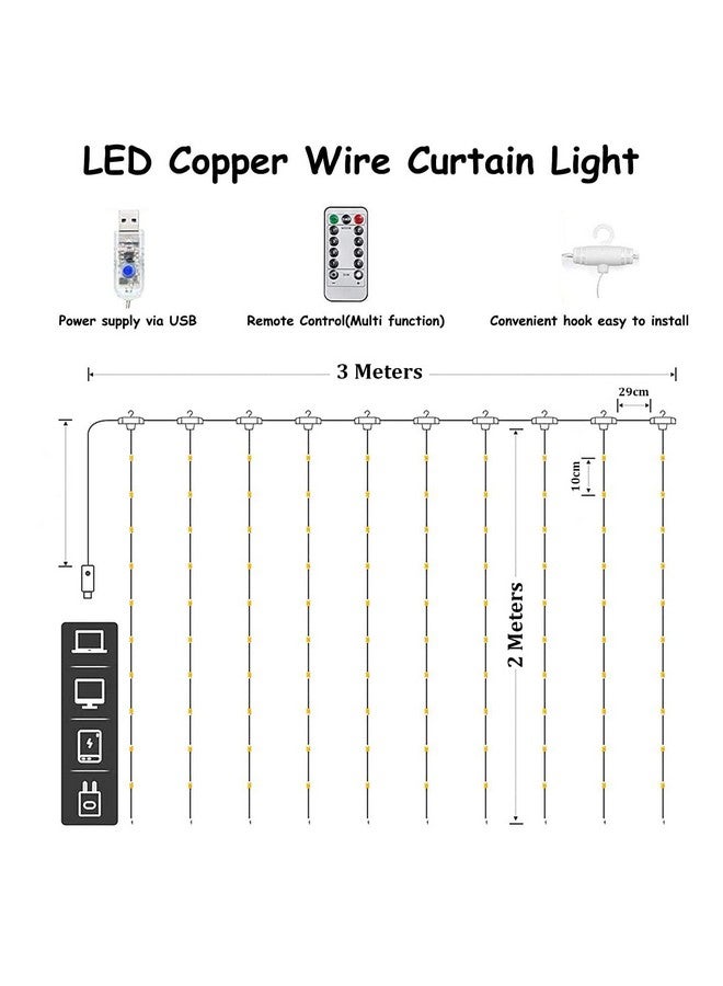 fizzytech Window Curtain String Light Resin 300 LED 8 Lighting Modes Dimmable Fairy Lights Remote Control USB Powered Lights of Home Decoration, Diwali House Party Wedding Decor (Warm White) - Image 2