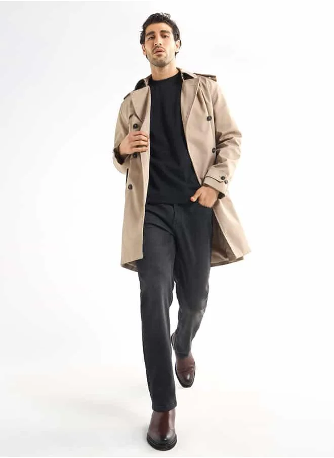 فاف Belt Detail Trench Coat with Pockets and Notch Lapel