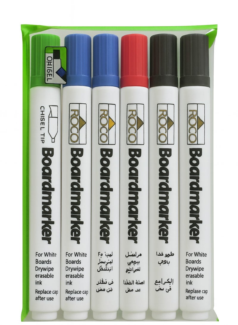 روكو مجموعة أقلام سبورة روكو – ٦ ألوان (رأس مشطوف، قابل للمسح الجاف، للسبورة البيضاء، صنع في اليابان، حبر غير سام) - Image 1