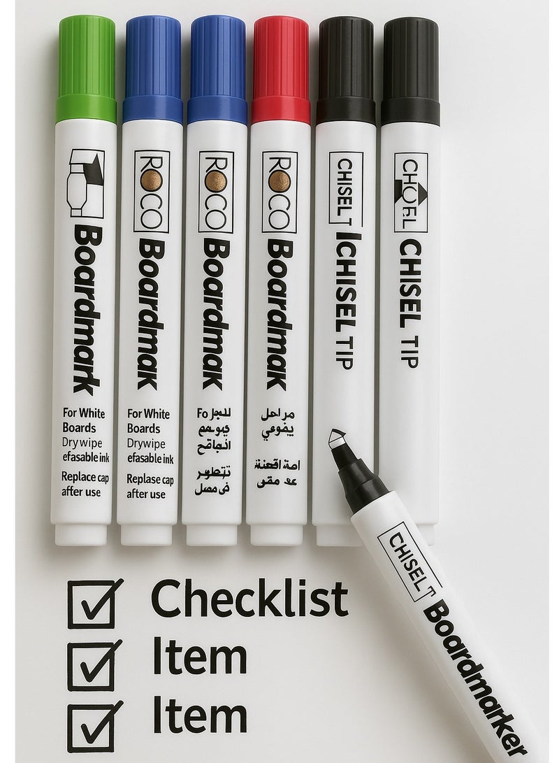 روكو مجموعة أقلام سبورة روكو – ٦ ألوان (رأس مشطوف، قابل للمسح الجاف، للسبورة البيضاء، صنع في اليابان، حبر غير سام) - Image 3