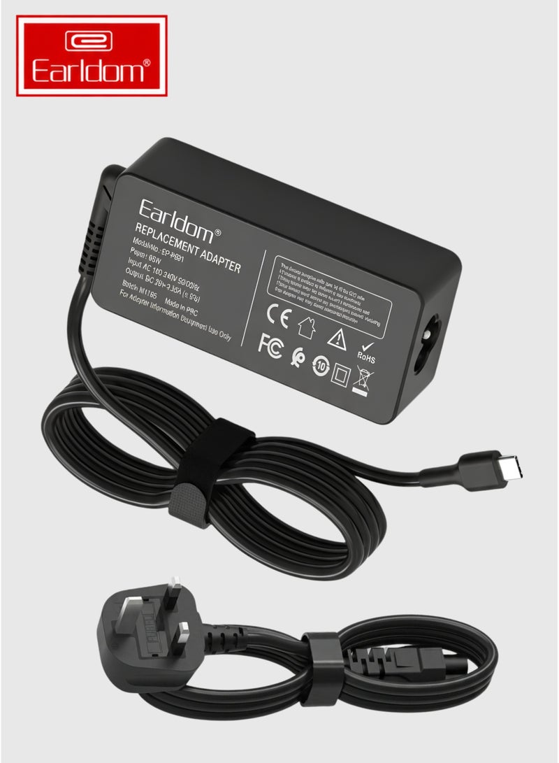 Earldom 65W charger, USB-C laptop power adapter, Type-C AC charger, replacement laptop charger, universal USB C power supply, 65 watt Type C brick, fast charging laptop adapter, PD 65W charger, Power Delivery adapter, 3-pin laptop charger, UK plug Type C adapter, computer power cord, desktop accessories, laptop charging cable. - Image 1