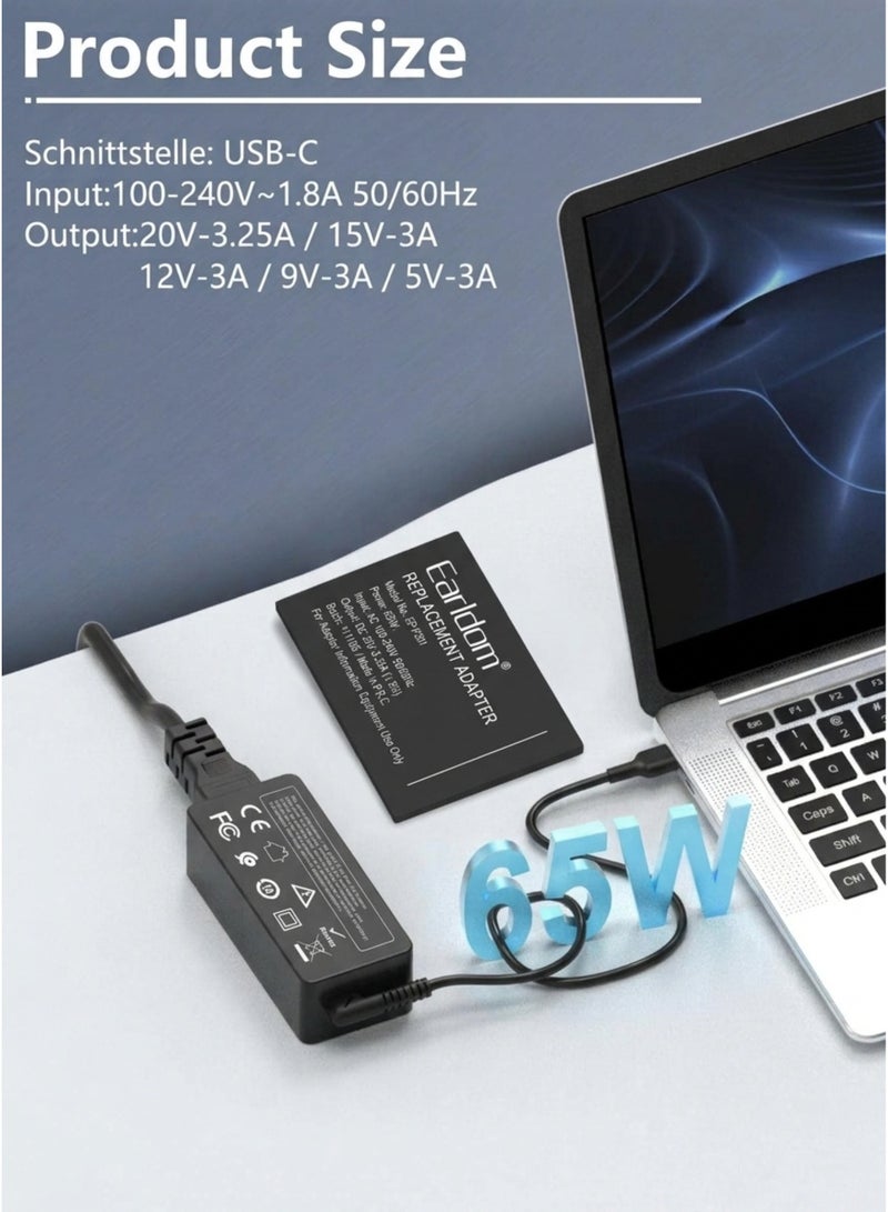 Earldom 65W charger, USB-C laptop power adapter, Type-C AC charger, replacement laptop charger, universal USB C power supply, 65 watt Type C brick, fast charging laptop adapter, PD 65W charger, Power Delivery adapter, 3-pin laptop charger, UK plug Type C adapter, computer power cord, desktop accessories, laptop charging cable. - Image 2