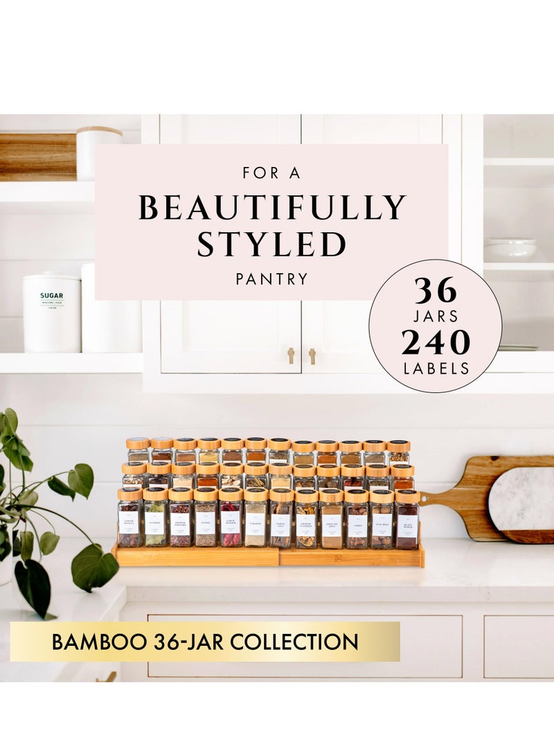 XiuWoo 36 Pack Glass Spice Jars with Label with Bamboo Lids Set, Empty Clear Glass Spice Bottles with Shaker Lids, Airtight Kitchen Seasoning Organizer Jars, Herb Seasoning Containers with Labels  - Image 2