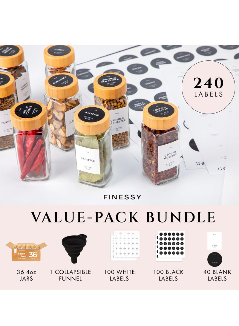 XiuWoo 36 Pack Glass Spice Jars with Label with Bamboo Lids Set, Empty Clear Glass Spice Bottles with Shaker Lids, Airtight Kitchen Seasoning Organizer Jars, Herb Seasoning Containers with Labels  - Image 4